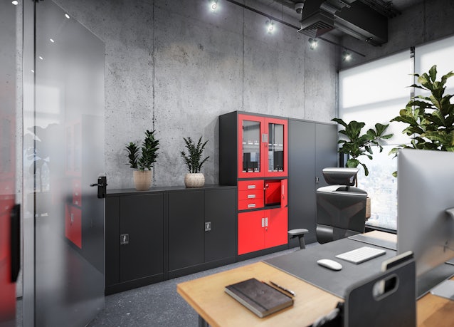 JAN NOWAK model FILIP biurowa szafa metalowa z sejfem na akta i dokumenty: antracytowo-czerwona