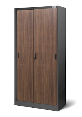 JAN NOWAK Eco Design model KUBA biurowa szafa metalowa z drzwiami przesuwnymi: antracytowa/orzech