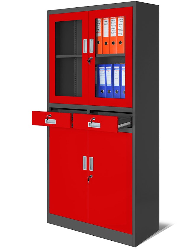 JAN NOWAK model EDMUND biurowa przeszklona szafa metalowa na akta z szufladami antracytowo-czerwona