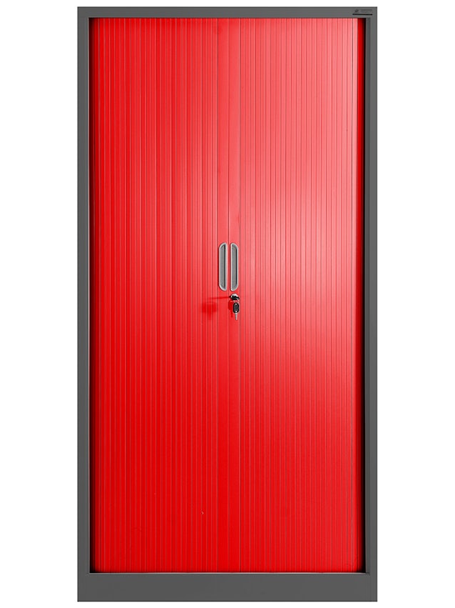 JAN NOWAK model DAMIAN metalowa szafa biurowa na akta z roletą: antracytowo-czerwona