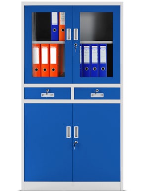 JAN NOWAK model EDMUND biurowa przeszklona szafa metalowa na akta z szufladami szaro-niebieska