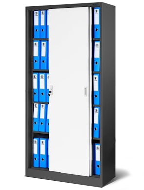 JAN NOWAK model KUBA biurowa szafa metalowa z drzwiami przesuwnymi: antracytowo-biała