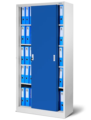 JAN NOWAK model KUBA biurowa szafa metalowa z drzwiami przesuwnymi: szaro-niebieska